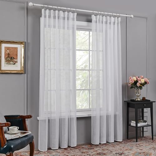 Deconovo Voile Gardinen mit Kräuselband 2er Set H245 x B140 cm Weiß Gardinenschal Vorhänge Vorhang Leinenoptik