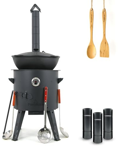 Utschak Feuerofen Ø 40 cm Herdplatte Ø43 cm 4 Ringe Kazan Ø 42,5 cm (12 L) runder Boden mit Thermometer Schornsteinverlängerung 2 Schaumlöffel Schopfkelle 48 cm Löffel Spatel (Set - 560)