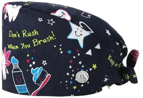 SMTSEC 2 Stück Zähne Bedruckte Scrubs Mütze mit Knöpfen Verstellbare Baumwoll Scrub Cap Bouffant Mütze Damen Scrubs Hüte Unisex Stillkopfbedeckung,L,Einheitsgröße