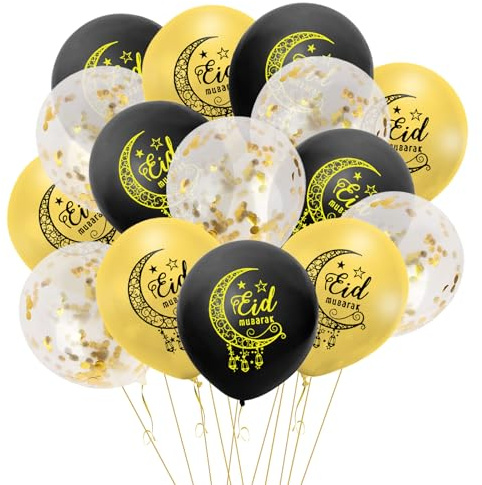 15 Stück Eid Mubarak Luftballons, Eid Mubarak Dekorationen, Gold Schwarz Konfetti Latex Ballons, Eid Ballons für Islam Muslimische Urlaub Indoor Outdoor Party Supplies