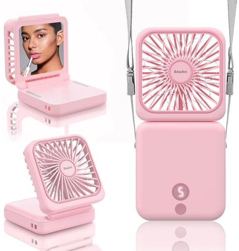 EasyAcc Portable Handheld Fan, Mini Fan Makeup/Eyelash Mirror 5000 Battery Rechargeable Personal Neck Fan 32H/5 Speed/Backup Power/Digital Display/Phone Stand fan for Outdoor Travel Gifts Women Girls