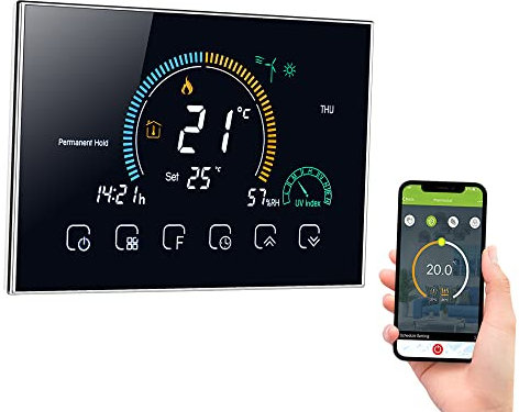 Aoresac Termostato per caldaia a gas, termostato intelligente WiFi per casa, termostato programmabile intelligente con controllo vocale APP, display LCD retroilluminato (nero)