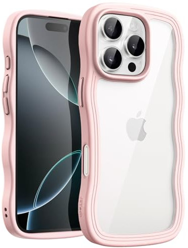 JETech Wavy Case for iPhone 16 Pro 6.3-Inch, Cute Wave Frame Curly Shape Shockproof Phone Cover for Women and Girls, Clear Hard PC Back (Pink)