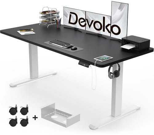 Devoko Electric Standing Desk 180x80cm with USB Charging Height Adjustable Desk with Desktop 3 Memory Smart Pannel(White frame+black desktop)