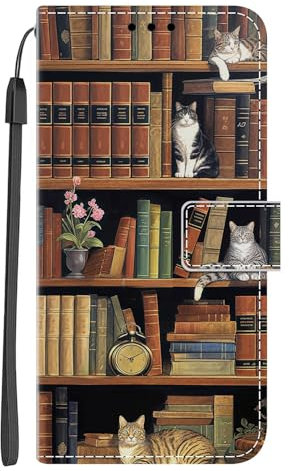 Nuxiady Handyhülle für Samsung Galaxy A55 5G Hülle mit Schön Motiv Muster PU Lederhülle Flip Wallet Case Cover Klappbar Handytasche Schutzhülle Stoßfeste Klapphülle für Galaxy A55, Katzen-Bücherregal