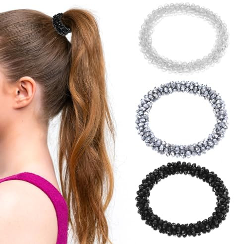 Nogeqi 3 Stück Perlen Haargummis, Glitzer Kristallen Haargummi Damen, Strass Pferdeschwanzhalter, Elastische Scrunchies Mädchen Haarschmuck (Schwarz, Weiß, Silber)