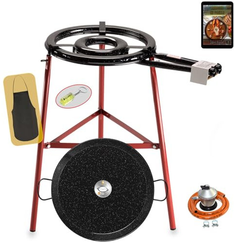 COMBOI Paellero de gas butano,Kit Profesional Quemador plano 45 cm, Paellera Esmaltada 60 cm, Regulador, Manguera, Patas Reforzadas, Nivel, Delantal, Libro Recetas Digital(Kit Paellero Pro-E 45 cm)