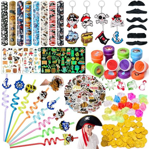 Cleboen 172PCS Piraten Party Mitgebsel Kindergeburtstag Gastgeschenk Junge mit Strohhalme Kinder Goldmünzen Schlüsselanhänger Schnurrbärte Leuchtende Tattoo Aufkleber Stempel Schnapparmband Give