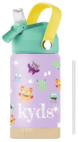 kyds® Trinkflasche Kinder, Thermo Edelstahl Wasserflasche, Auslaufsicher, mit Trinkhalm, hygienischer Klappdeckel, BPA-frei, spülmaschinenfester Deckel, Trinkflasche für Schule Sport