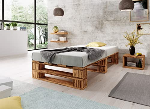 Lermowood Palettenbett M2 aus Holz 120 x 200 cm Geflammt mit Lattenrost Holzbett 30cm Stabiles Seniorenbett Kinderbett Jugendbett Gästebett erhöhtes Einzelbett Bettgestell Futonbett Komforthöhe