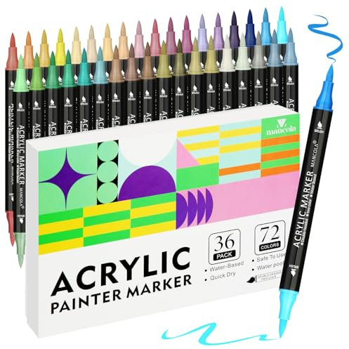 mancola 36 Pack/72 colori Marcatori di vernice acrilica, doppia punta di pennello con due colori, penne acriliche per pittura su roccia, legno, tela, pietra, vetro, ceramica, calligrafia