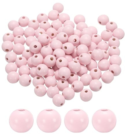 sourcing map Lot de 100 perles rondes en bois rose clair de 16 mm à grand trou de 3,3 mm pour la fabrication de bijoux, colliers, bracelets, loisirs créatifs, macramé, décorations faites à la main