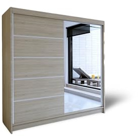 ELUKS - DELIN Sliding Doors Wardrobe with Mirror Furniture for Bedroom Living Room and Hall Wardrobe Organizer Width 100cm/120cm/150cm/180cm/200cm/WHITE/BLACK/OAK (Sonoma Oak, 180cm)