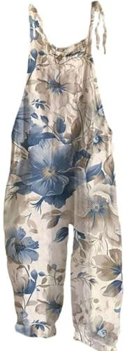 Generisch Salopette da donna, pantaloni estivi leggeri, in lino, con stampa floreale, per il tempo libero, pantaloni boho, pantaloni rilassanti, pantaloni da spiaggia, pantaloni plissettati, pantaloni