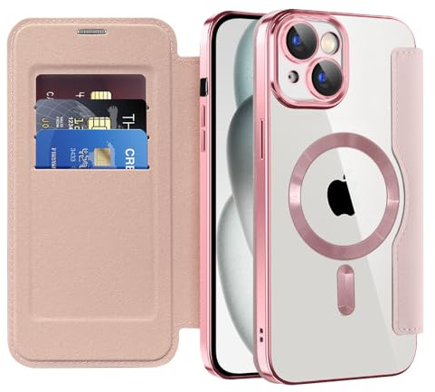 SIYOPINPFY Wallet Case for iPhone 15 Plus with Card Holder, Rose Gold JD | [Compatible with MagSafe] [RFID Blocking] Premium Flip Leather Card Slots Holder , Magnetic Clear Back Shockproof Phone Case