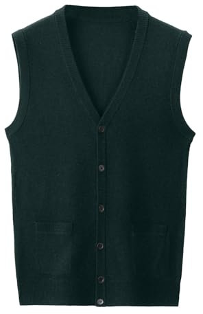 Men's Modern Winter Pullover Vest with Buckle and V-Neck, Pure Colour, Wool, Collarless Shirt, Combined Body Type, Vest without Hood, Short Jumper, Girls Alien, Green, M