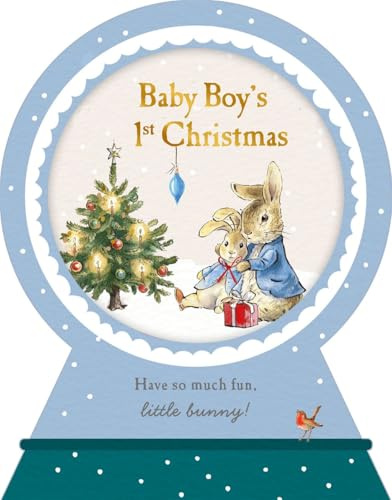 Baby Boy's First Christmas Snow Globe Card with Bunny Design, Blue and White