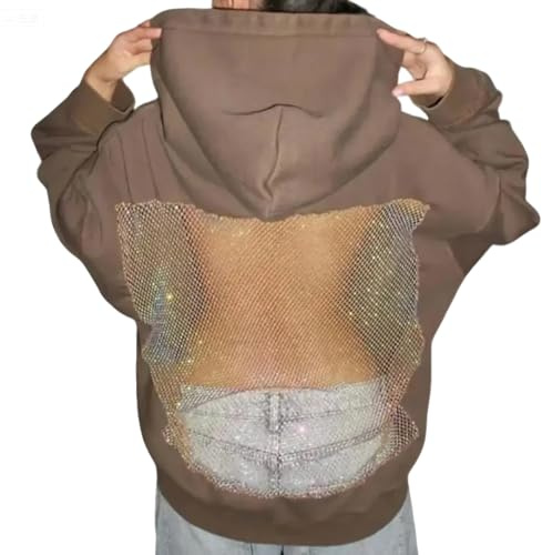 Hoodie Hollow Mesh Back Women Y2K Sexy See Through Long Sleeve Sweatshirt Crystal Mesh Hoodie with Pocket für Karneval Musikfestival Clubwear