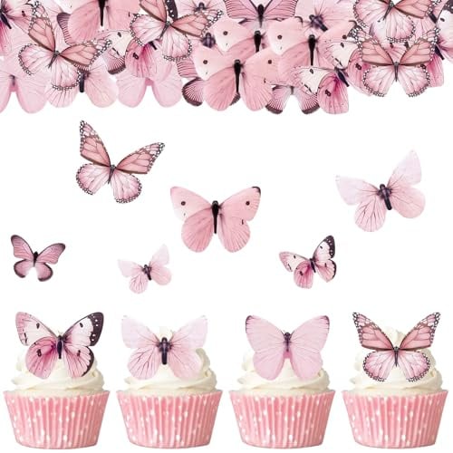 Gleevio 80 Essbare Schmetterlinge für Torte Rosa,Esspapier Schmetterlinge | Deko Torte Essbar,Schmetterling Tortendeko Geburtstag,Schmetterling Kuchen Deko Essbar,Cupcake Topper für Hochzeit Babyparty