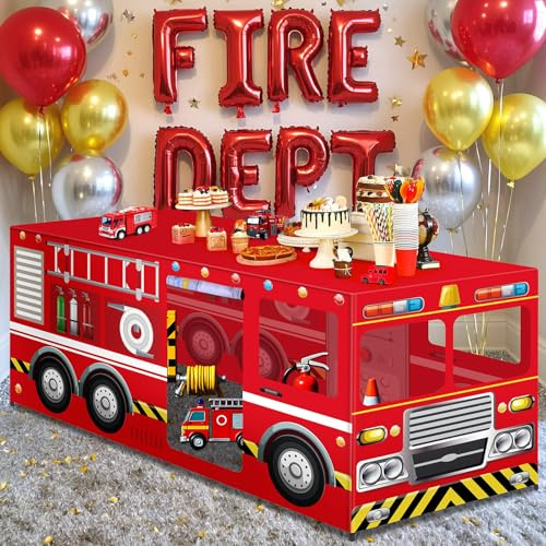 6Ft Firetruck Birthday Party Playhouse Tablecloth Large Fire Truck Table Fort Tent Cover Playhouse Firetruck Firefighter Table Cover Red Polyester Rectangular Tablecloth for Transportation Party Decor