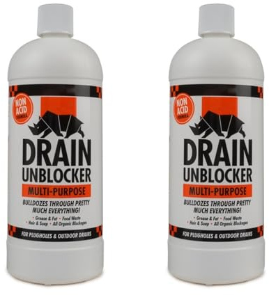 Kilrock Rhino Drain Unblocker 1L Heavy Duty Non-Acid Gel Multi-Purpose Clog Remover for Hair, Grease, Fat, Soap & Food Waste Safe for Kitchen, Bathroom & Outdoor Orange (Pack of 2)