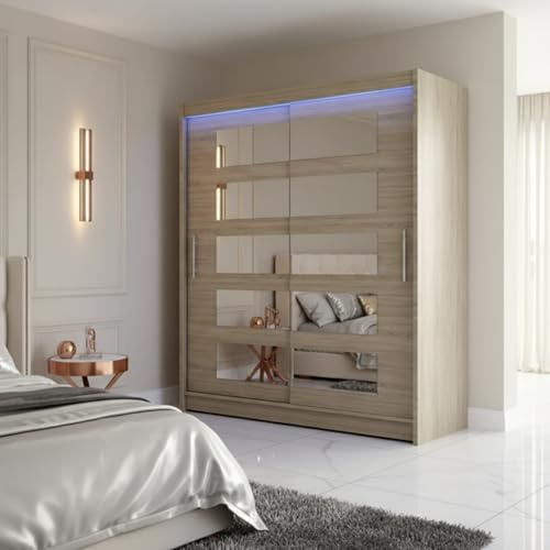 Bortaberg Westa V-150 Sliding Door Wardrobe with Mirrors, Spacious Storage Shelves, and Clothes Rail, Sonoma Oak Effect Finish, With Remote RGB LED Lighting, 150cm x 58cm x 200cm