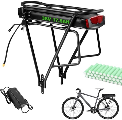 siismi 36V 17,5AH Batteria per E-Bike con Portapacchi Posteriore con Caricatore, Batterie per Biciclette Elettriche con Fanale Posteriore per 250W 350W 500W 750W Motore, per Bici da 26-29