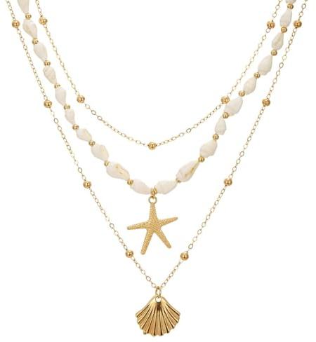 RIXERKOC Muschel Seestern Halskette für Damen, 14K Vergoldet Wasserfest Layered Perlen Charm Halskette Boho Muschel Perlen Kette Sommer-Strandurlaub Schmuck Geschenke