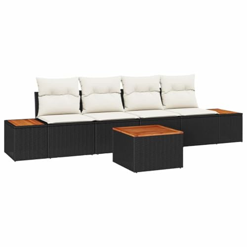 HETFTJN Garten-Sofa-Set 5-TLG Schwarz Poly Rattan wetterfest mit integriertem Stauraum verstellbare Füße modular für Balkon Terrasse Garten Lounge