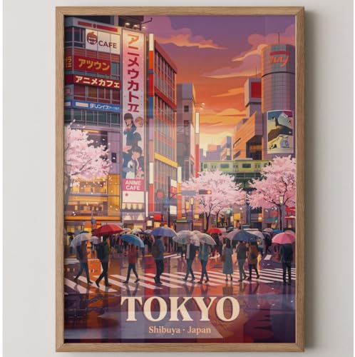 MJ-GRAPHICS® Poster Tokyo Kunstdruck Shibuya Wandbild Anime Stil bunt moderne Wanddeko Stadtleben Bilder Japan Vintage Wohnzimmer Deko entspannende Atmosphäre A3 mit schwarzem Rahmen