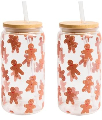 OHS Gingerbread Glass Cups with Lids and Straws Plastic Cups 2 Pack, Multi | Christmas Style Clear Drinking Glasses with Bamboo Lids Iced Coffee Cups Glass Tumblers for Smoothie Soda Beer Cocktail