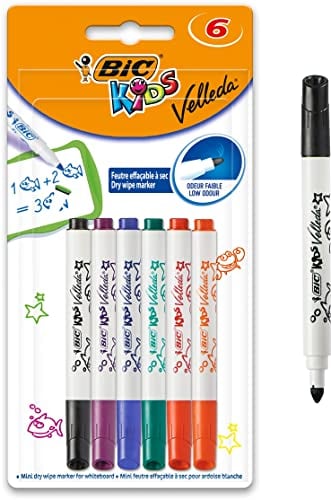 BIC Kids Marker Mini Velleda, Whiteboard Stifte, abwischbare Stifte in 6 Farben, leicht trocken abwischbar & geruchsarm