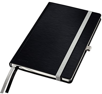 Leitz Notizbuch A5 liniert, 160 Seiten, 80 Blatt, Hardcover mit hochwertigem Bezug, 100 g/m² Papier, Gummizugverschluss, Textilbänder, Stiftelasche, Mit Tasche, Style Serie, Satin Schwarz, 44850094