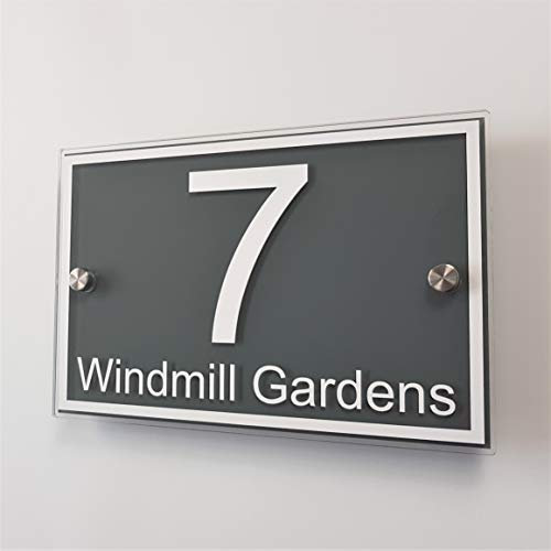 Personalised House Sign Door Number Street Address Plaque Modern 'Rectangle' MADE TO ORDER Slate Grey and White