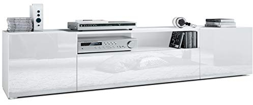 Vladon Lowboard Mogan, TV-Kommode mit 2 Türen, 1 Klappe und 1 offenes Fach, Weiß matt/Weiß Hochglanz (181 x 39 x 35 cm)