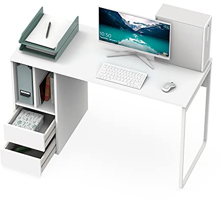 MUEBLES PITARCH | Escritorio con 2 Cajones, Estante y Pata Metálica, Blanca, 74x120x55cm (Alto x Ancho x Fondo) Mesa Despacho, Mesa de Estudio, de Ordenador, Moderna Modelo Nolita