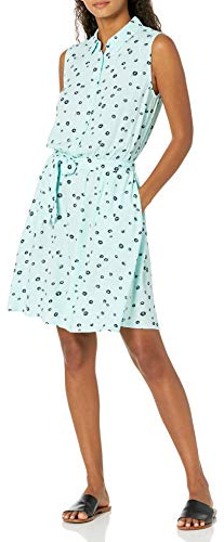 Amazon Essentials Damen Ärmelloses gewebtes Hemdkleid, Aqua Blue Poppy, Größe S