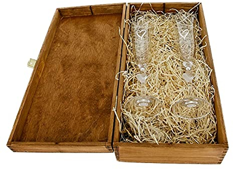 Sektgläser Champagnergläser L'Amour in Holzschatulle persönlich graviert, Herz:satiniert, Holzbox:braun