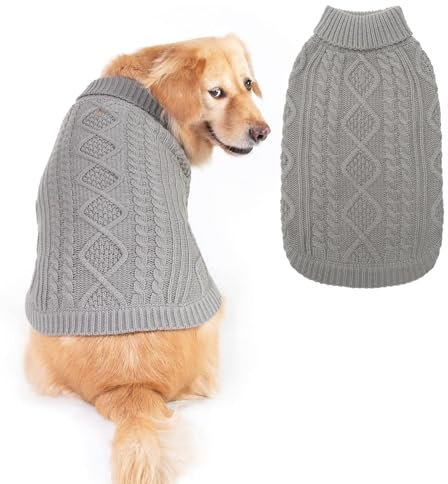 BINGPET Hunde-Strickpullover mit Rollkragen im klassischen Zopfstrick, Hundemantel, warmer Sweater, Outfits für Hunde und Katzen für Herbst und Winter