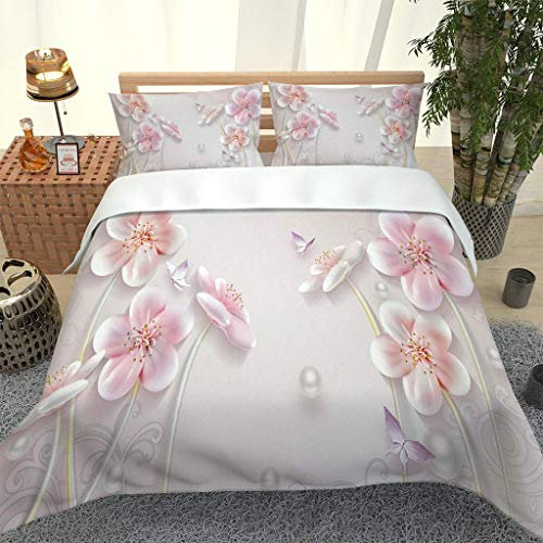 RQXRTR Housse De Couette 240X260cm Papillon Fleur Rose - Parure De Lit Adulte en Microfibre, Housse De Couette 2 Personnes avec Fermeture Éclair, Parure Housse avec 2 Taie d'oreiller 65X65 cm