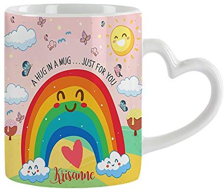 Personalised Butterfly with Rainbow Cloud Art A Hug in a Mug Just for You Coffee Tea Daily use Mug Long Distance,Lockdown, Quarantine Birthday Ceramic Cup Mug. (White Heart Handle)