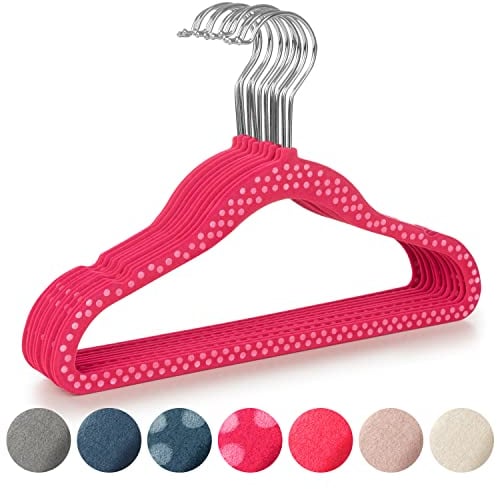Laleni Kinderkleiderbügel 30 Stück + Samtbezug - platzsparende Kleiderbügel Kinder - 360° drehbare Kinder Kleiderbügel - rutschfeste Kleiderbügel klein - Samtkleiderbügel/Kleiderbügel Pink gepunktet