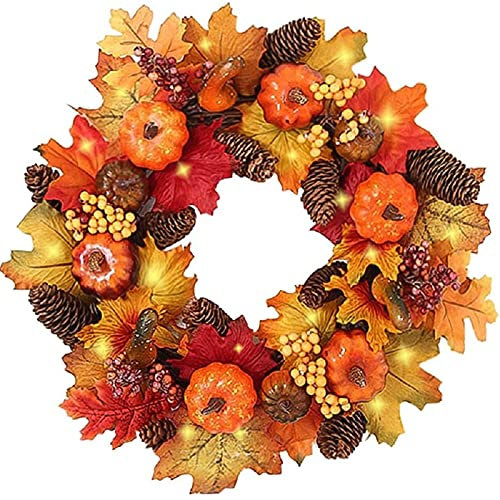 IMOPUITI Autumn Wreaths with LED Light 40cm/15.7in Halloween Wreath with Pumpkin Berry Pine Cone Maple Leaves for Halloween Thanksgiving Autumn Front Door Decoration (2025 Upgrade)