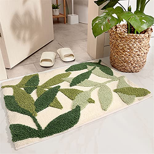 Badezimmermatte Weicher Saugfähig Badezimmerteppich, Treer Mikrofaser Beflockung Badematten Antirutsch Badvorleger Duschteppich Waschbar Badteppich für Badezimmer (Grünes Blatt,45x65cm)
