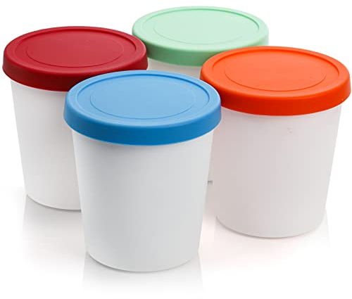 Peohud 4 Pack Ice Cream Containers, Silicone IceCream Tubs with Lid, 1 Quart Reusable Freezer Storage Tubs with Lids for Ice Cream, Sorbet and Gelato, Freezer Dishwasher Safe