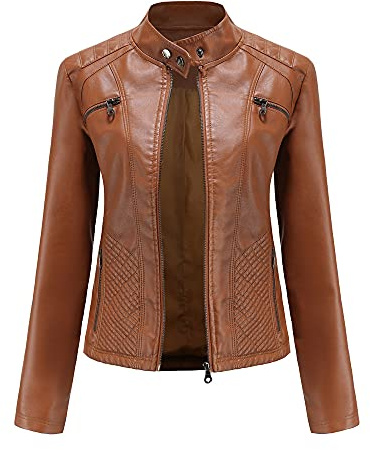 DISSA Damen Kunstleder Kurze Bikerjacke Stehkragen Jacke,EU 34-44 | schräge Nähte,seitliche Reißverschlusstaschen,besäumter Saum,Wochenendbummel,biegsames‑Material