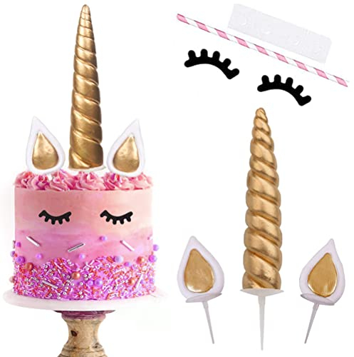 Einhorn Tortendeko, Geburtstagsdeko Kuchen Topper Gold Cake Topper Kuchendeko, Einhorn Horn Ohren und Wimpern Kuchen Torte Deko für Mädchen Junge Kinder Geburtstag Hochzeit Weihnachten Party (Groß)