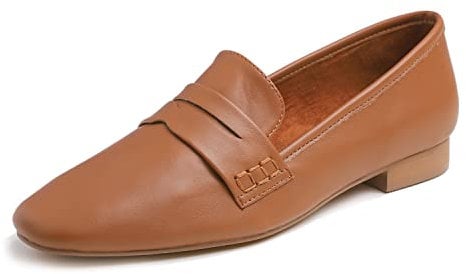 Feversole Women's Fashion Dress Comfort Low Heel Office Penny Loafer Flats Camel Plain Vegan Leather Size UK 3.5
