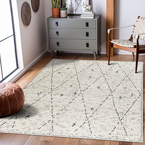 Livabliss Plano geometrischer skandinavischer Teppich – großer Teppich für Wohnzimmer, Esszimmer, Schlafzimmer, Küche – Boheme-Design, moderner Berbere, Kurzflor 160 x 213 cm – Creme und Schwarz