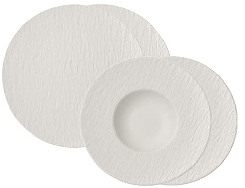 Villeroy & Boch Pizza & Pasta Set Manufacture Rock, Gourmetteller und Pastateller für 2 Personen, Geschirr in Schieferoptik, Premium Porzellan, spülmaschinen- / mikrowellengeeignet, Wei?